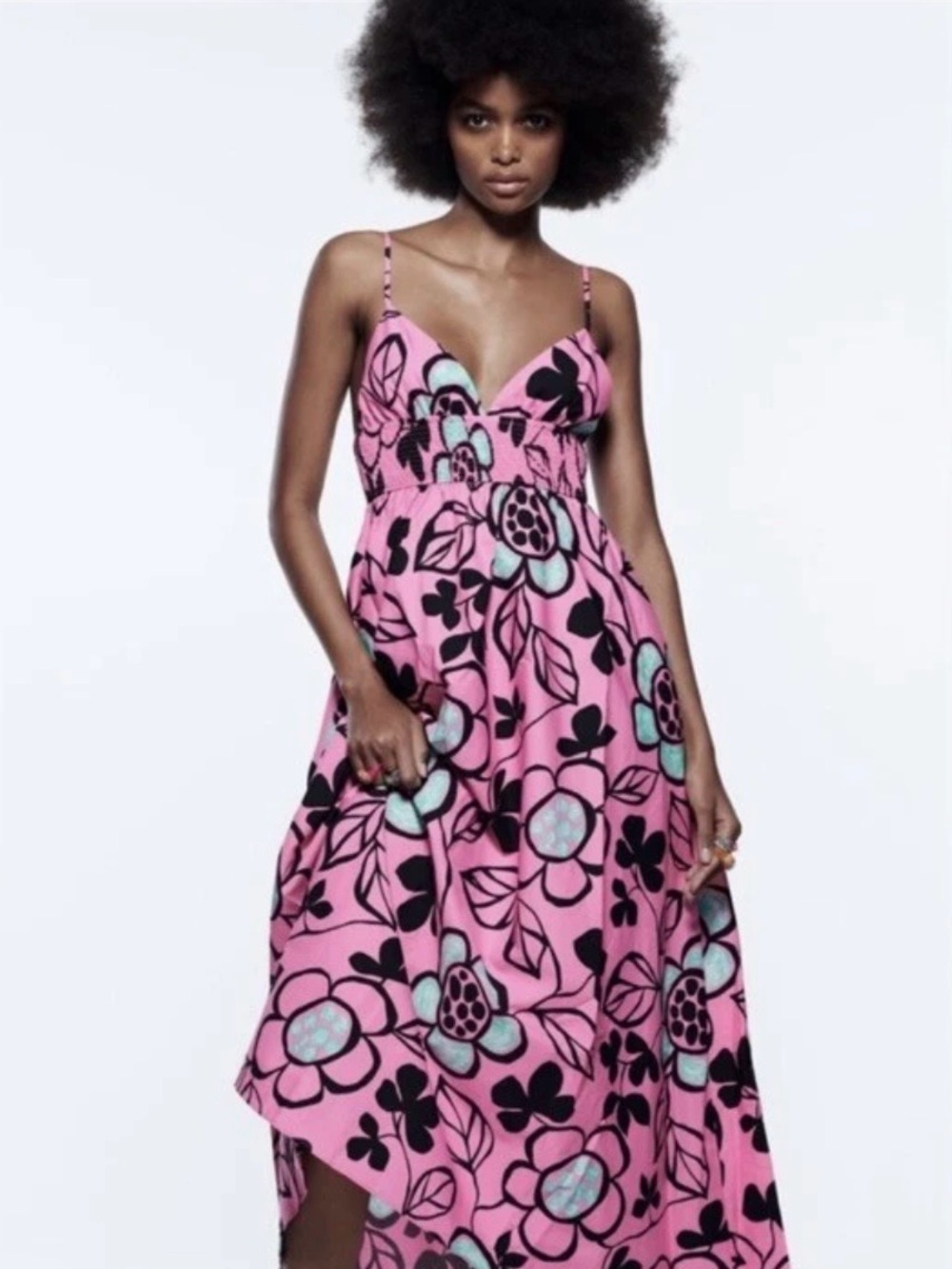 Zara poplin Pink Floral High-Low Dress with Black and Mint Accent